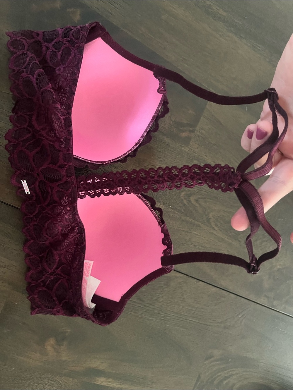 PINK Victoria's Secret 36 B Lace Date Racerback Bra in Deep Plum 36B Like New - Picture 2 of 11